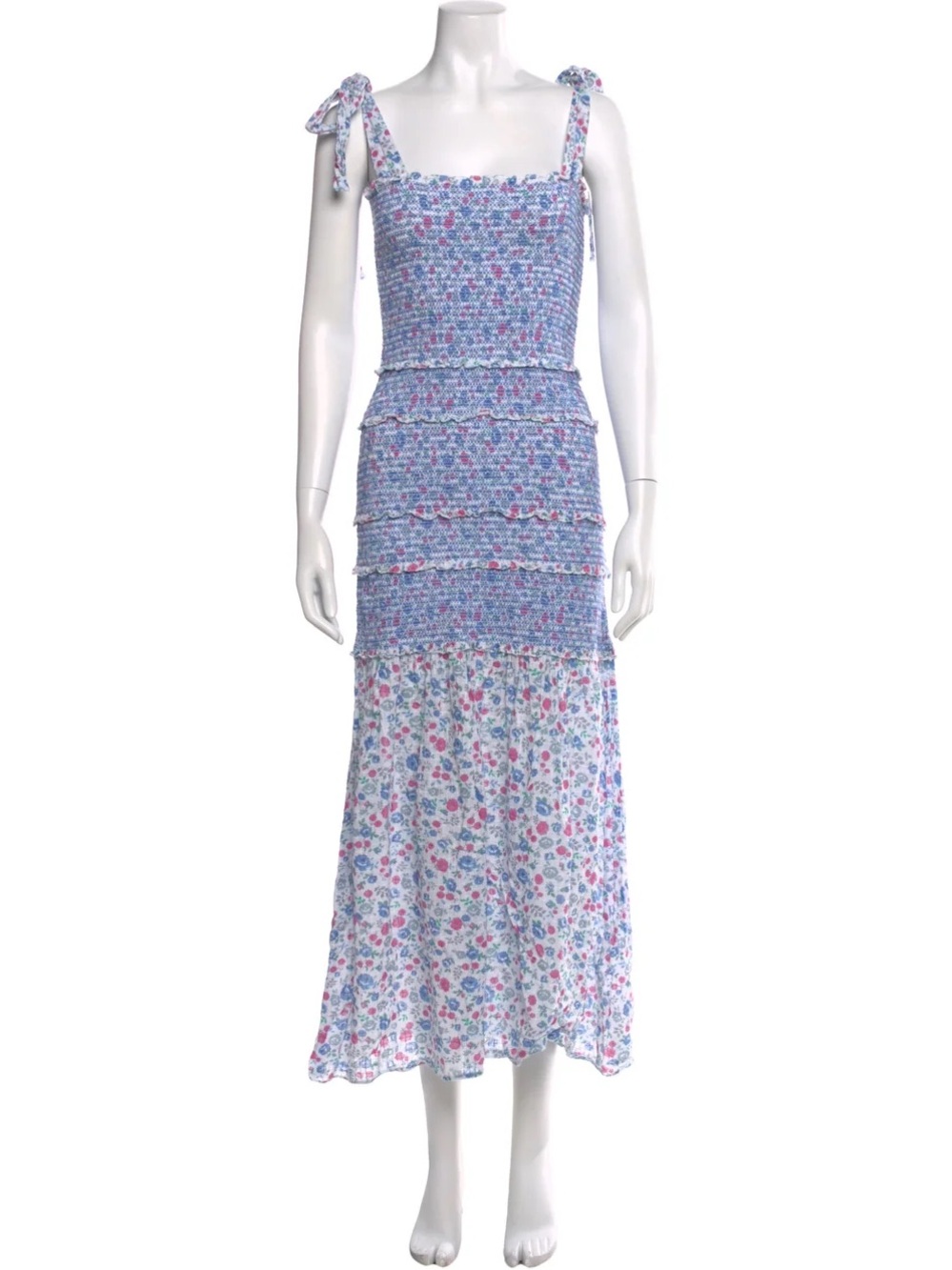 LoveShackFancy Blue and Pink Floral Smocked Maxi Dress